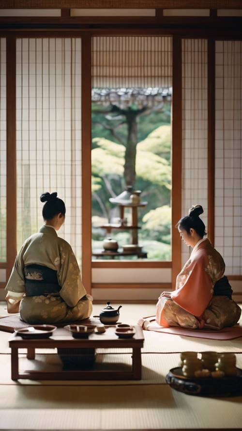Eine friedliche traditionelle japanische Teezeremonie in einem alten Teehaus, bei der die Teilnehmer Seidenkimonos tragen.