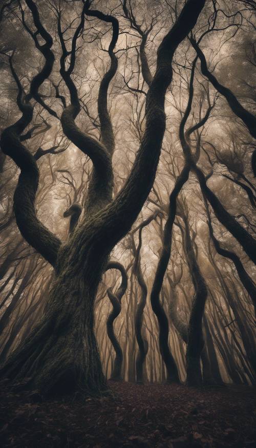 月光照耀下的森林，长满了高大、奇形怪状扭曲的树木。