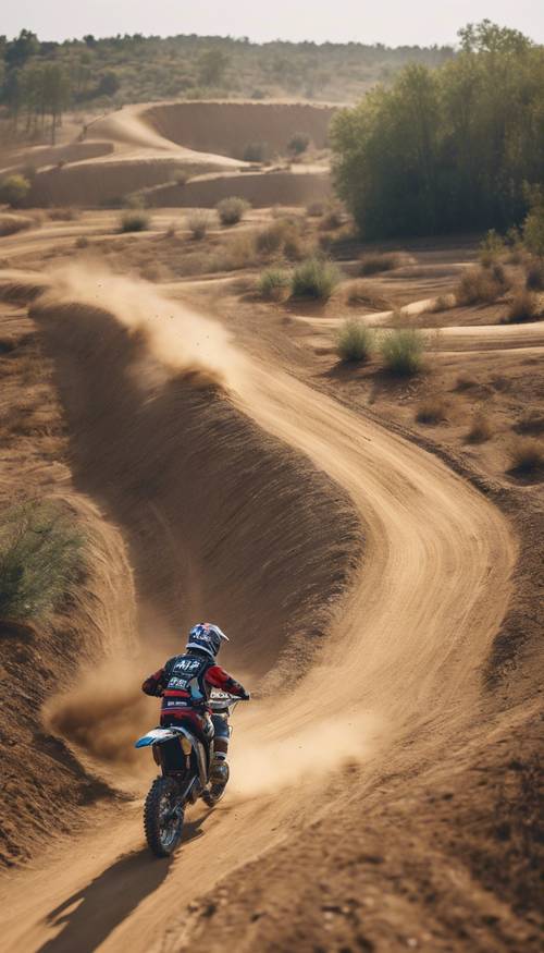 An aerial view of a dirt bike rider navigating a winding track