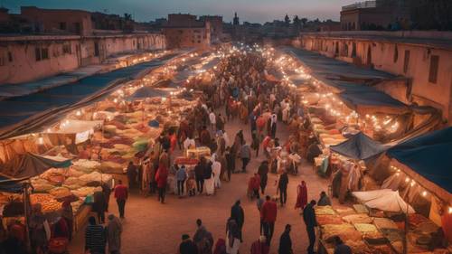 모로코의 분주한 야외 시장 위로 생생한 일몰이 보입니다.