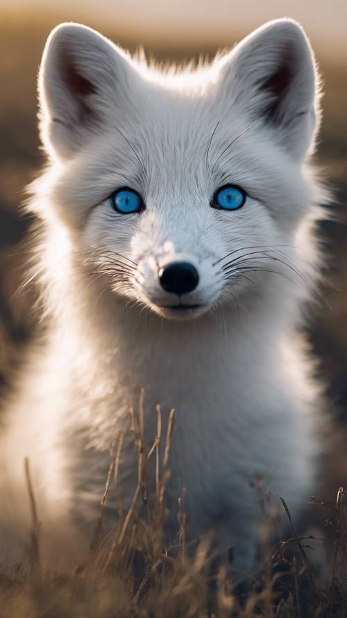 A close-up view of a white Arctic fox curiously investigating the viewer with its bright blue eyes during the twilight.