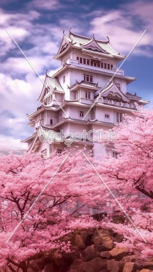 Цветущая вишня и замок весной