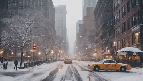 Uno scatto panoramico di New York City durante una forte nevicata invernale.