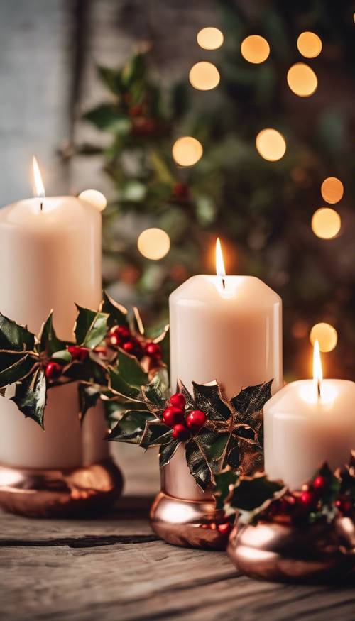 Tres velas de oro rosa brillantes rodeadas de acebo navideño sobre una mesa de madera rústica.