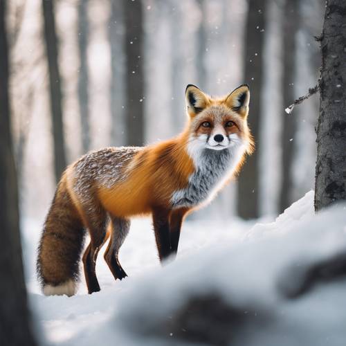 A red fox, spotted in the middle of a snow-covered forest, as it cunningly plans its next move.
