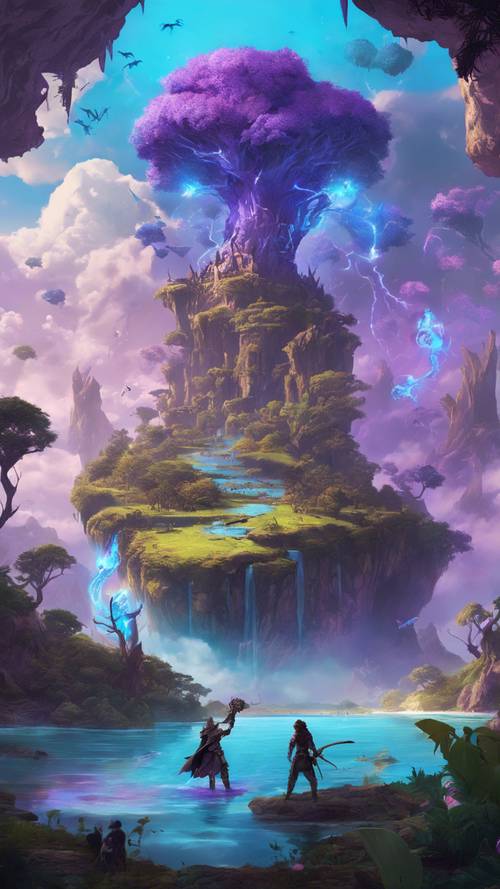 An epic gaming battle taking place in a vivid, fantasy world filled with floating islands and magical creatures radiating with blue and purple light.