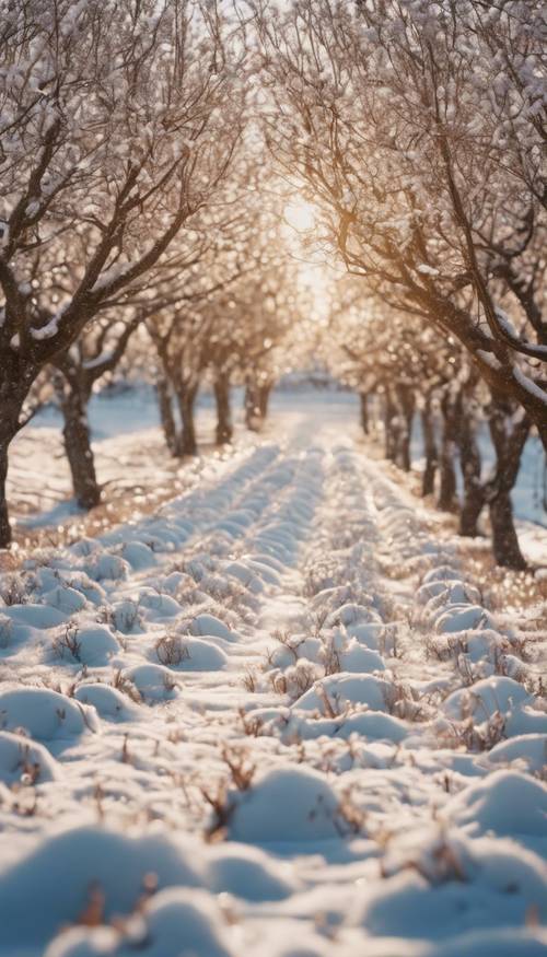 Un frutteto di mele innevato, immerso nella dolce luce del sole pomeridiano.