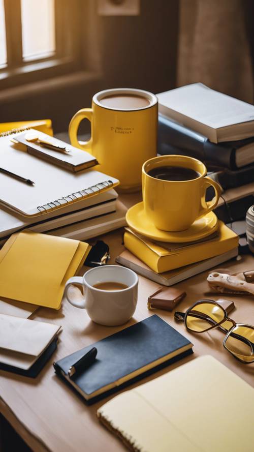 Serangkaian benda berwarna kuning termasuk buku catatan, alat tulis, gelas, dan cangkir kopi di meja belajar siswa yang rapi.