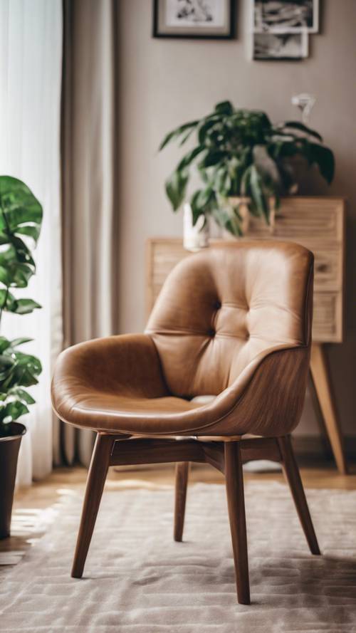 Jasnobrązowe drewniane krzesło Preppy we współczesnym salonie w mieszkaniu.