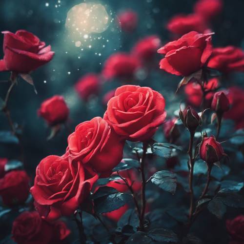 想像猩紅色的玫瑰在抽象、夢幻的午夜花園中盛開。