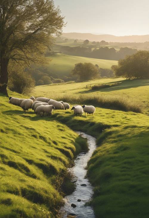 A classic spring morning featuring a quiet brook, lush pastures, grazing sheep, and the early morning sun peeking over rolling hills.