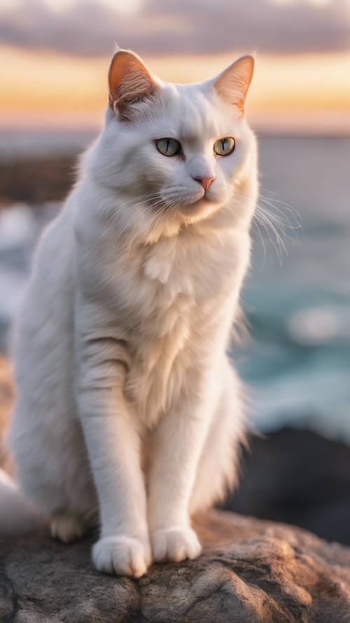 قطة ماين كون بيضاء تجلس بشكل ملكي على منحدر عند غروب الشمس، وتطل على المحيط النابض بالحياة.