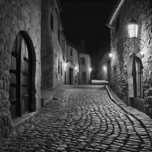 Una calle adoquinada desierta de una ciudad medieval capturada a la luz de la luna en blanco y negro.