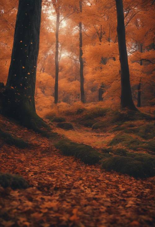 Pemandangan hutan musim gugur yang mistis dan diterangi cahaya bulan dengan dedaunan oranye cerah berjatuhan lembut ke tanah.