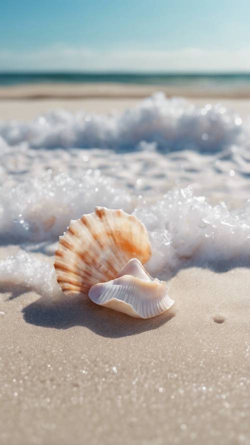 Eine Welle wird unter einem pastellblauen Himmel ans Ufer gespült, Muscheln sind im weißen Sand verstreut.