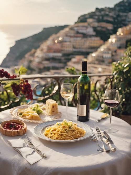 Pengaturan makan malam romantis dengan anggur dan pasta buatan sendiri, menghadap Positano.