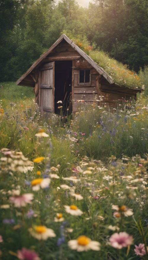 A serene cottagecore scene with a rustic wooden shed in the middle of wildflower meadow".