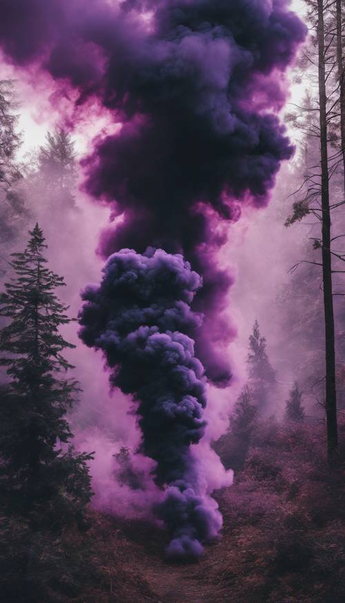 Um contraste vibrante de fumaça preta escura misturada com fumaça violeta-púrpura, no meio de uma floresta impenetrável.