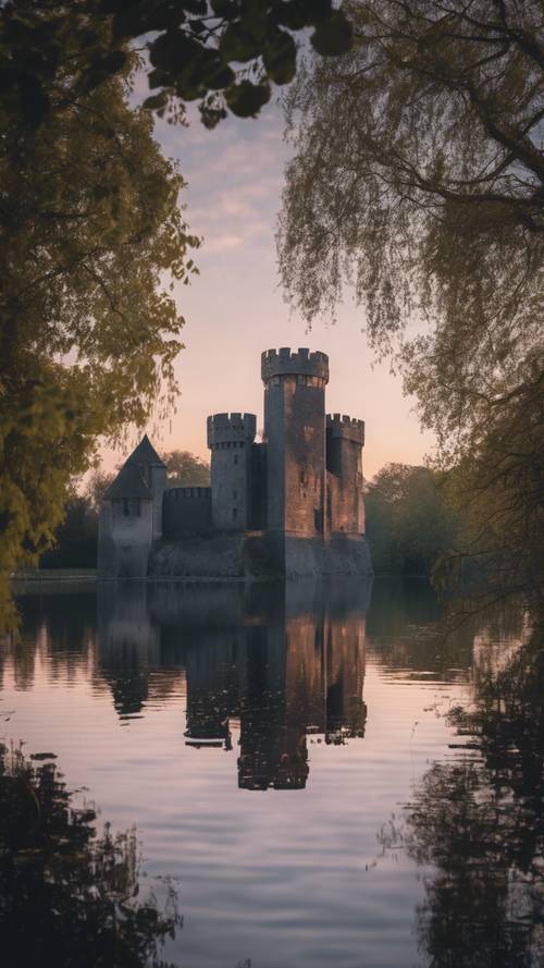 A black brick built medieval castle reflecting in the waters of a serene lake at dusk.