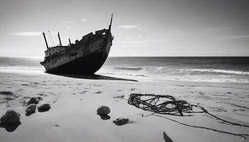Image à contraste élevé d&#39;une plage déserte avec une épave au loin, en monochrome.