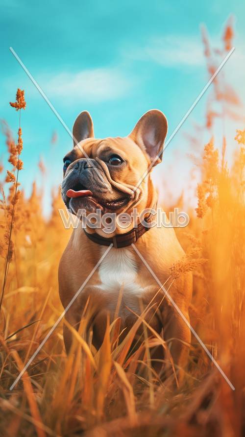 可愛的法國鬥牛犬在金色的田野