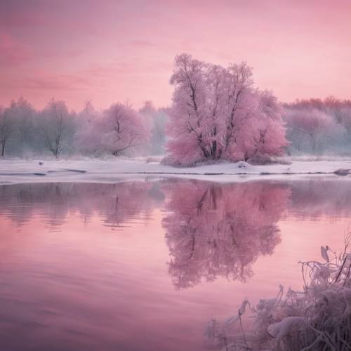 منظر طبيعي هادئ في صباح عيد الميلاد باللون الوردي، وانعكاسات على بحيرة لا تزال متجمدة.