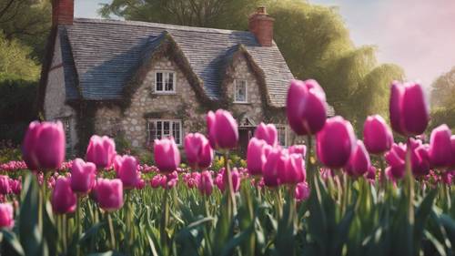 A quaint English cottage nestled in a field of magenta tulips.