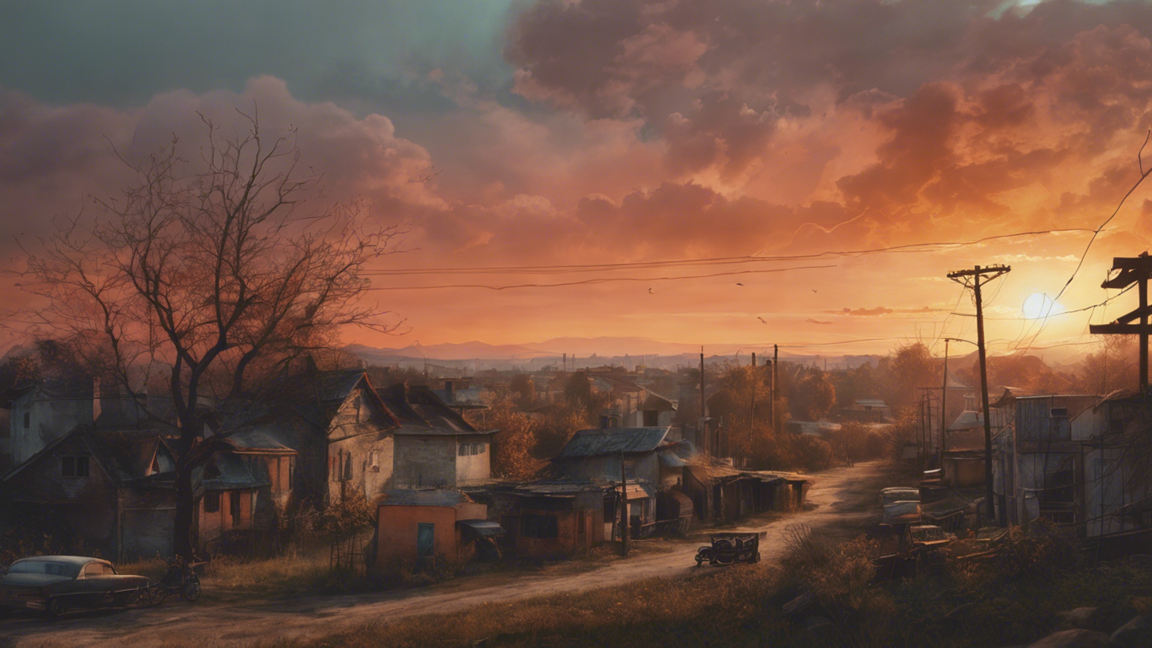 An evocative painting of a nostalgic sunset over a forgotten hometown. Tapet[c4b7fcd1dd4d40f1b7ab]