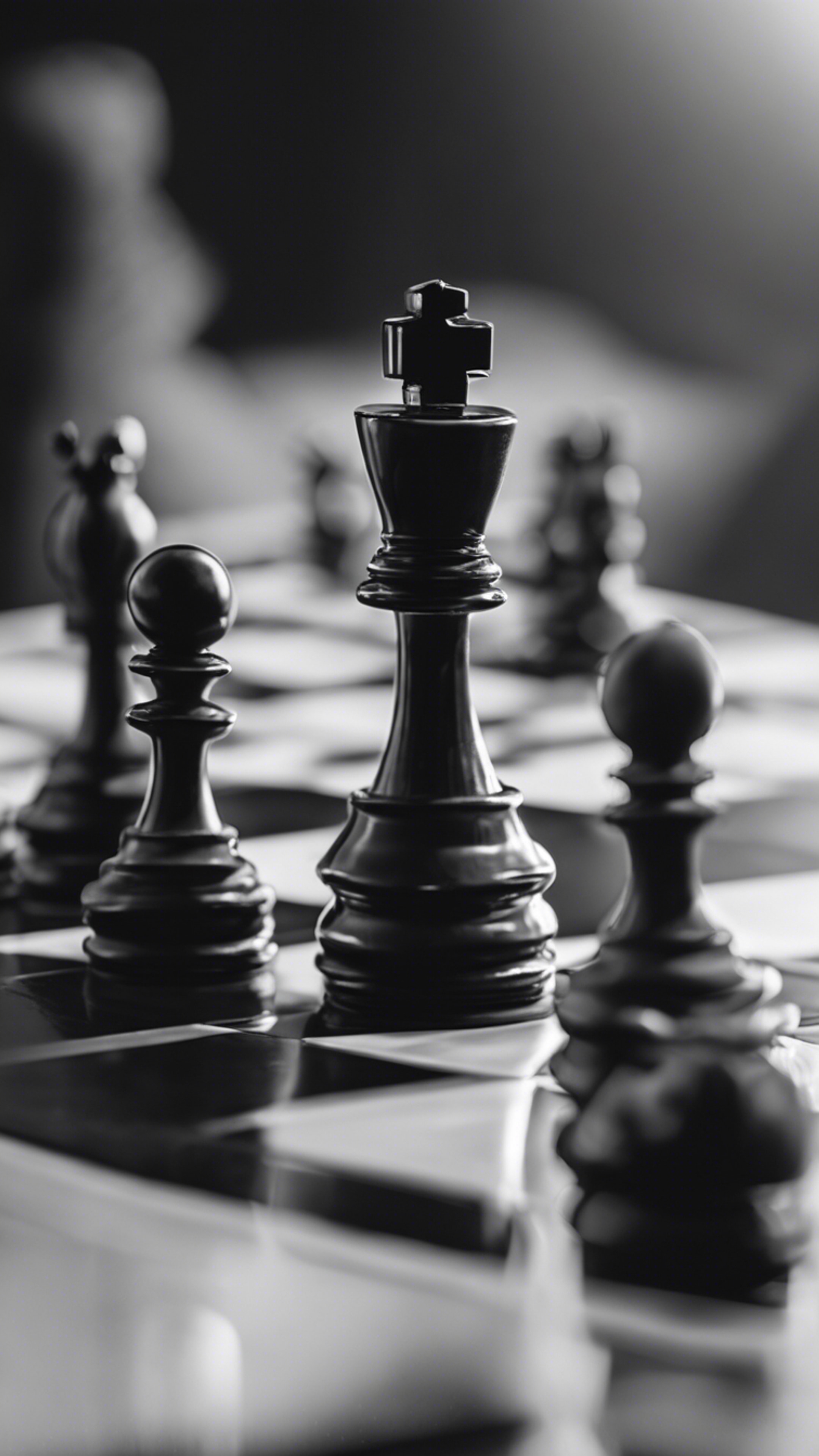 A close-up shot of an intricate black and white chess set. Wallpaper[3665c47f90484f62ad16]