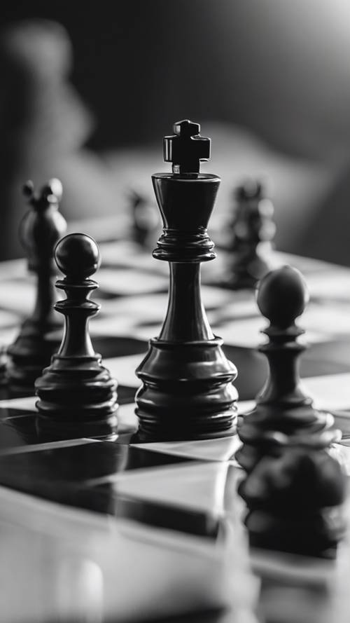 Un gros plan d’un jeu d’échecs complexe en noir et blanc.