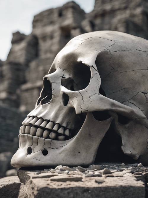 Un monument géant en forme de crâne gris se dressant majestueusement au milieu de ruines de pierre.