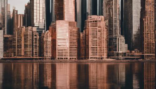 A striking overview of several rose gold and dark gold skyscrapers in a bustling city.