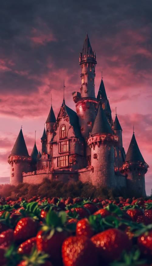 A vibrant, Gothic castle made entirely of fresh strawberries under twilight sky