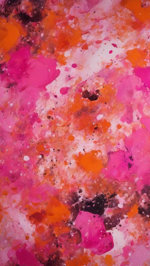 Un dipinto impressionista astratto con macchie di rosa brillante e arancione intenso.