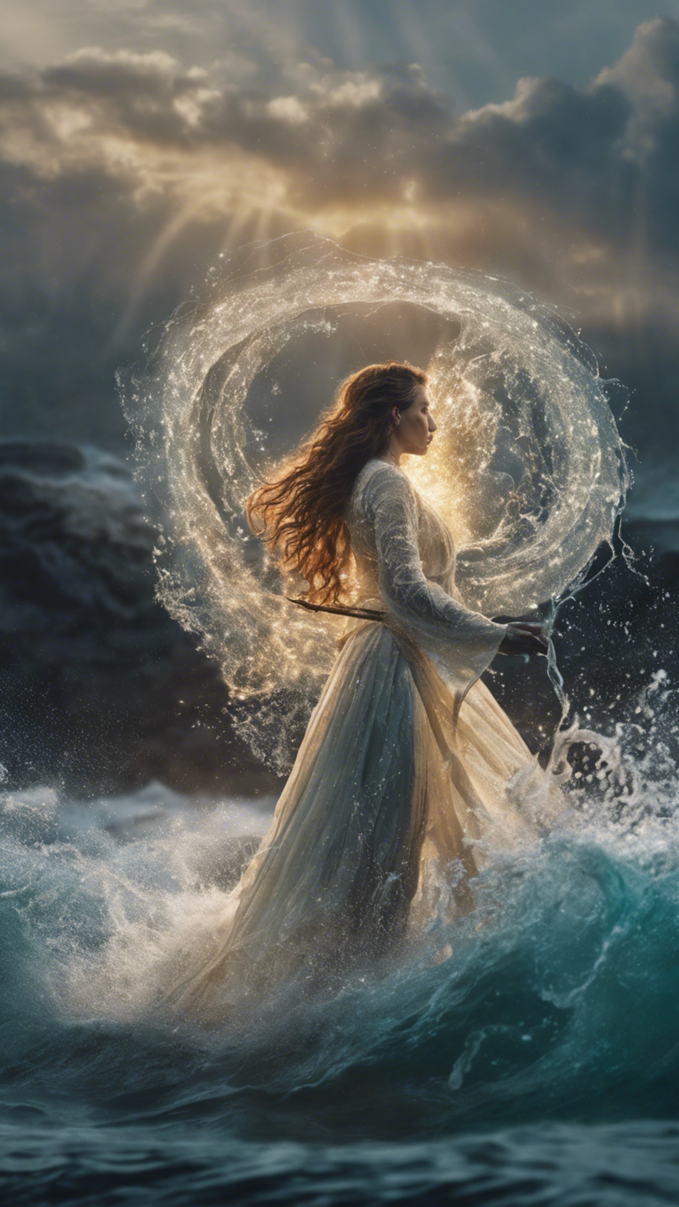 A magical woman weaving a spell that turns waves in an ocean into a gigantic water dragon. วอลล์เปเปอร์[497501a1a9a040e18b41]