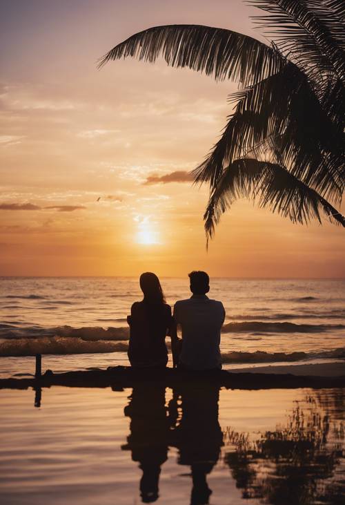 一对爱情鸟正在欣赏宁静的海上日落，他们的身影映衬着异国情调的热带树木。