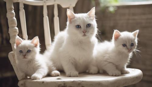 Ein Vintage-Bild einer weißen Katze mit zwei Kätzchen, die auf einem Schaukelstuhl spielen.