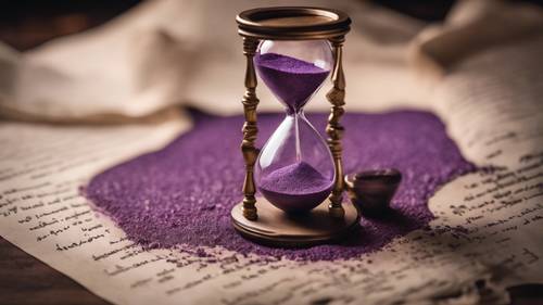 An antique hourglass with purple sand flowing, engraving a timeless quote about the value of time itself on a blank parchment. Tapeta [0c6c1771352d4084b757]