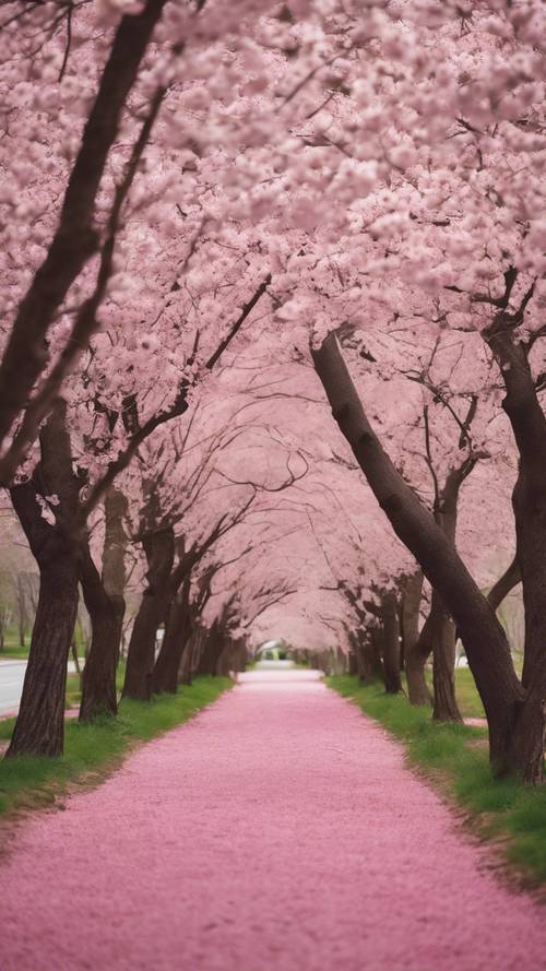 Pesona pedesaan Traverse City, Michigan, selama musim bunga sakura, dengan pepohonan lebat dengan bunga mekar berwarna merah muda cerah.