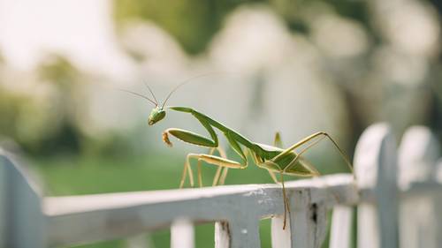Una mantis verde posada sobre una valla blanca en el patio trasero