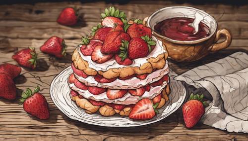 Un boceto dibujado a mano de una deliciosa tarta de fresas, descansando sobre una mesa rústica de madera.