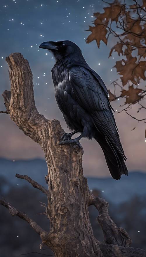 A black raven perched on a lonely branch of an ancient oak tree against the backdrop of a midnight sky.