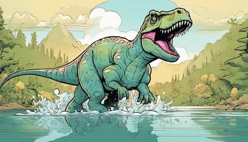 Um delicioso dinossauro de desenho animado em tons pastel espirrando alegremente em um lago plácido durante uma tarde ensolarada.