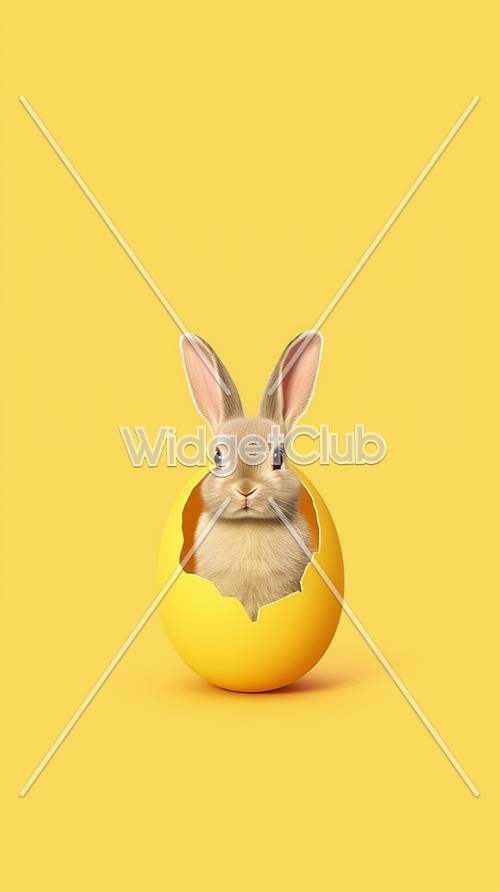 Simpatico coniglietto che esce da un uovo su sfondo giallo