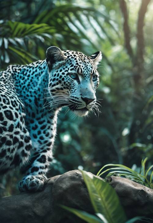 Baby blue leopard print seamlessly blending into a tropical jungle scene.