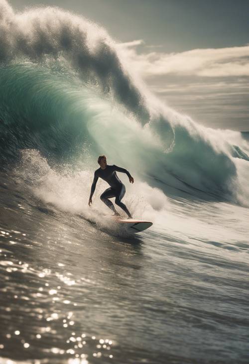 Um surfista fazendo uma curva fechada em uma onda espumosa e ondulante com espectadores da costa aplaudindo.
