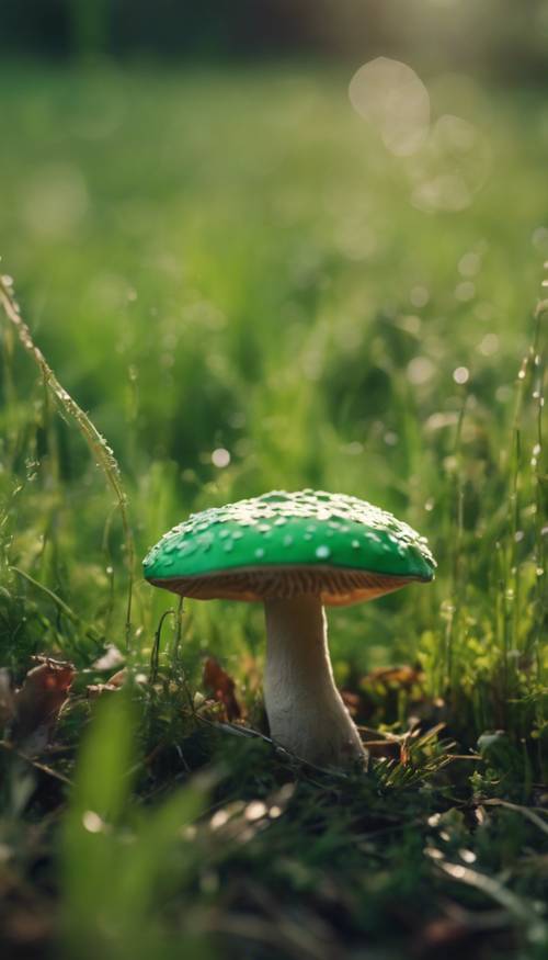 キノコのキノコが明るい緑色の帽子をかぶって、草の生えた牧草地にいる絵画