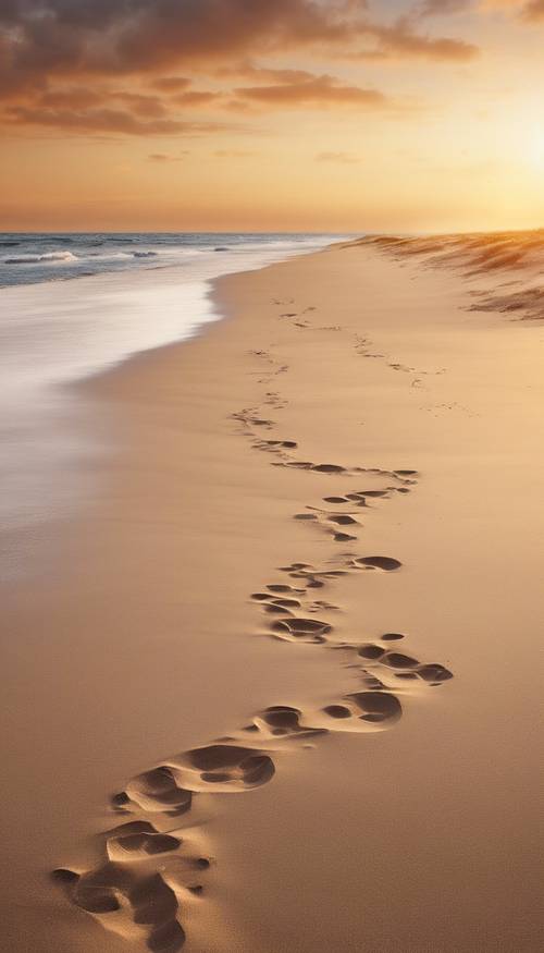 Piaszczysta plaża o zachodzie słońca, ze śladami stóp widocznymi w oddali.