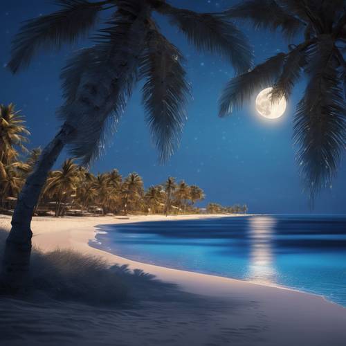 Una playa iluminada por la luna con palmeras, cuyas sombras bailan suavemente en la arena refrescante bajo una luna azul zafiro.