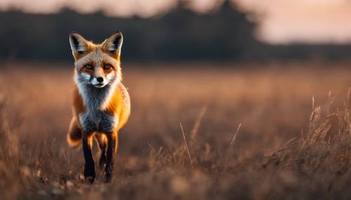 Una volpe rossa solitaria che caccia in un campo durante il crepuscolo, con gli occhi fortemente concentrati sulla preda.